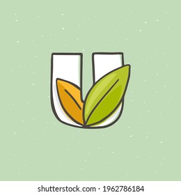 U letter logo hand drawn with a felt-tip pen in soft colors. Line style vector illustration with green leaves for your upcoming eco-friendly and zero waste projects. 