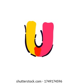 U letter logo handwritten with a multicolor felt-tip pen. Perfect vector icon for kids design, interior print, cute labels, etc.