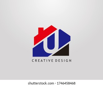 U Letter Logo. house strip shape with negative letter U, Real Estate Architecture Construction Icon Design.