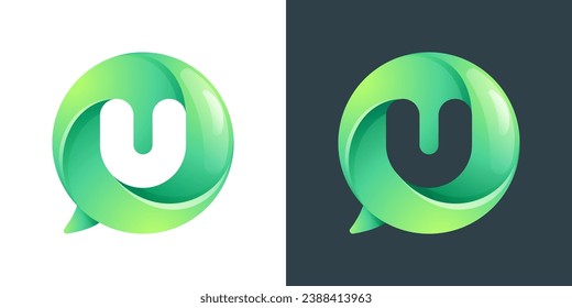 U letter logo inside speech bubble with swirl pattern. Negative space style icon. Colorful gradient emblem for your social media app, call center, online message, feedback icon, telemarketing screen.