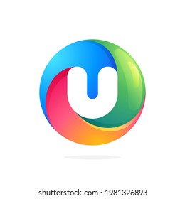 U letter logo inside a swirl loop circle. Negative space style icon. Colorful gradient emblem for your social network app, fun avatar or loading screen.