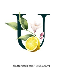 U Brief Logo mit Zitronen in Vektorwasserfarbe. Illustration von grünen Blättern, Blumen, Knospen und Ästen. Zitrusfrüchteschneidungen und Saft-Säfte.