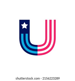 U letter logo made of American Stars and Stripes flag. Vector font for US history and 4th of July celebration in flat style. Perfect for Independence Day cards, invitations, banners.