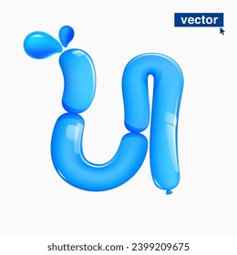 U letter logo made of blue clear water and dew drops. Eco-friendly realistic 3D twisted balloons. Vector elements in plastic cartoon style. Perfect for pure nature banner, healthy filter labels.