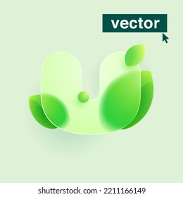 Logo de la letra U hecho de hojas verdes bajo vidrio mate. Estilo de Glasmorfismo Realista. Icono de translúcido borroso vectorial. Emblema transparente ecológico para publicidad agrícola, reciclaje de residuos, alimentos saludables.
