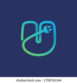 Logo de la letra U hecho de cable enchufe. Tipo de vectores para la identidad energética, titulares de carga, afiches de coches eléctricos, etc.