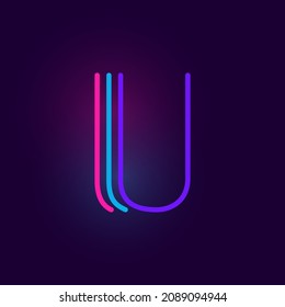 U letter logo is made of three neon lines. Vector font with glowing effect. Perfect for casino identity, vivid sale banner, and futuristic posters. 