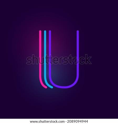U letter logo is made of three neon lines. Vector font with glowing effect. Perfect for casino identity, vivid sale banner, and futuristic posters. 