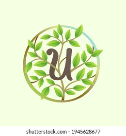 U letter logo made of twisted tree branches and green leaves in circle. Ecology vector font for vegan emblem, botanical identity, creative spring t-shirts, organic merchandise.