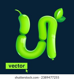 U Buchstabenlogo aus verdrehten Ballons. Umweltfreundliche 3D-Darstellung mit grünen Blättern. Vektorelemente im Cartoon-Stil. Ideal für Naturbanner, gesunde Lebensmitteletiketten, Gartenkunst und Grasadv.