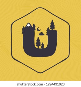 U letter logo with mountains peaks and trees on a landscape line pattern. Adventure and outdoor vintage emblem perfect for t-shirts, apparel and other merchandise.