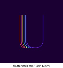 U letter logo in neon light style. Six thin lines colored font. Perfect for casino events posters, vivid emblem, nightlife banner and futuristic identity. 