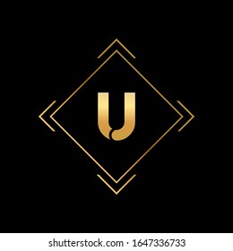 U-Buchstaben-Logo mit schönem schwarzem Hintergrund und goldenem Rahmen.U Buchstabsymbol.
