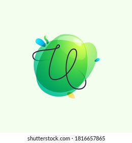 U letter logo placed on green watercolor blots. Overlapping splashes typeface can be used for ecology banner, natural lifestyle poster, vegan identity, etc.