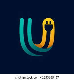 U letter logo with plug cable inside. Vector typeface for electric car identity, technology headlines, charging posters etc.