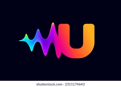 U letter logo with pulse music player element. Vibrant sound wave flow line and glitch effect. Neon gradient icon. Vector template for techno store, electronic music, audio equalizer, DJ posters.