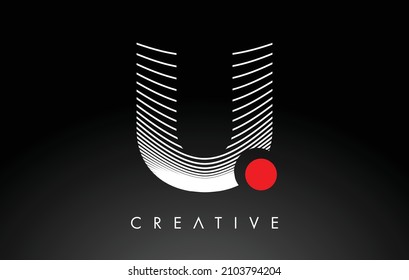 U Letter-Logo mit rotem Punktkreis und Design-Vektorgrafik von Warp-Linien. Creative U Icon Letter of White Warping Lines 