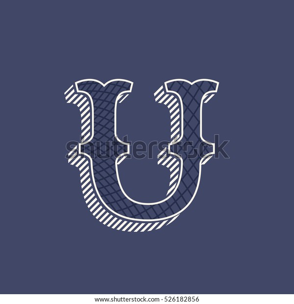 U
letter logo in retro money style with line pattern and shadow. Slab
serif type. Vintage vector font for labels and
posters.