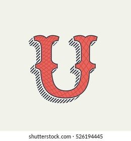 U letter logo. Retro western alphabet with line texture. Slab serif font. Vector vintage typography for your posters, sportswear, club t-shirt, banner, etc.