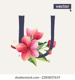 U letter logo with Sakura blooming flowers. Vector realistic watercolor style. Pink cherry petals, bud, branch, and green leaves. Perfect for wedding invitations, greeting cards, Mother's Day posters.