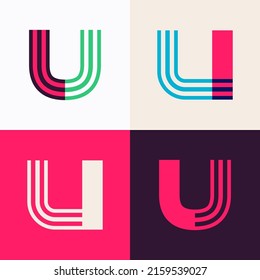 U letter logo set made of overlapping lines. Perfect for applique art, children design, vibrant advertising, mosaic packaging, pattern identity.