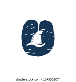 U letter logo with shark's fin. Hand drawn monochrome vintage nautical style. Perfect for clothing labels, apparel print, retro posters etc.