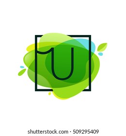 U letter logo in square frame at green watercolor splash background. Green art. Vector ecology typography for your posters, invitations, cards. 