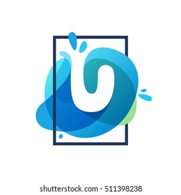 U letter logo in square frame at blue watercolor splash background. Vector ecology typography for your posters, invitations, cards. 