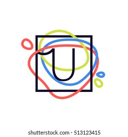 U letter logo in square frame at colorful line background. Font style, vector design template elements for your posters, invitations, cards. 