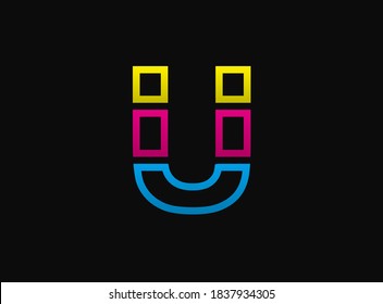 U letter logo, vector desing font .Dynamic cmyk split blue, pink, yellow color on black background. For social media,design elements, creative poster, web template etc.