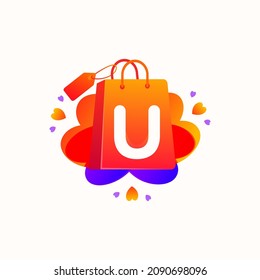 U letter with love shopping bag icon and Sale tag vector element design. U alphabet illustration template for corporate identity, Special offer tag, Super Sale label, sticker, poster etc.
