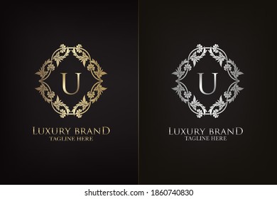 U Letter Luxury Frame Decoration  Initial Logo, Elegance Gold and Silver Ornate Emblem Decorative Frame for wedding or boutique  Logo identity Design