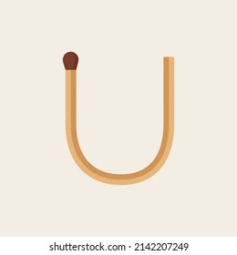 U letter made with match. Vector wooden matchstick isolated font