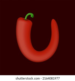 U letter made of red chilli pepper. Isolated vegetable vector organic typeface for farm design elements, restaurant menu and more