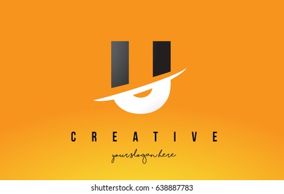 U Letter Modern Logo Design with Swoosh Cutting the Middle Letters and Yellow Background.