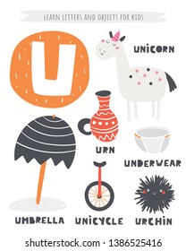 U letter objects and animals including unicorn, urn, umbrella, unicycle, urchin, underwear. Learn english alphabet, letters, words for kids