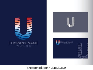 U letter with ocean waves and sunset beach vibes. Font style, vector design template elements for your travel, tour, vacation, and summer party corporate identity.