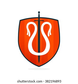 U letter on the sword and shield. Font style, vector design template elements for your application or corporate identity.