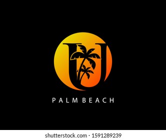 U Letter Palm Tree and Sun Set Logo Icon. Perfect for surfing shop, sport, Tour and Travel. Initial U with sunset and palm tree.