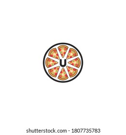 u letter pizza slice logo.Pizza cafe logo, pizza icon, emblem for fast food restaurant. Simple flat style u pizza logo on white background, white isolated background.