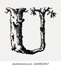 U letter, rustic calligraphy font illustration isolated on white, vector. 