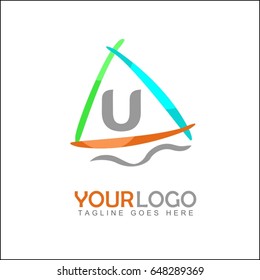 U Letter and sail boat logo vector.