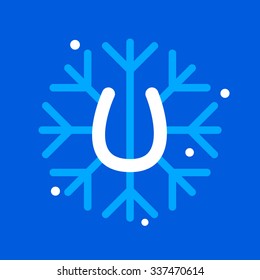 U letter with snowflake icon on the blue background. Design template elements for your application or corporate identity.