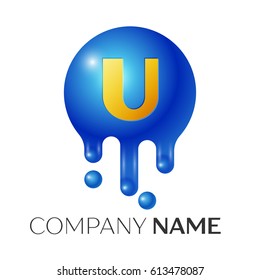 U Letter splash logo. Blue dots and bubbles letter design on grey background. Vector Illustration