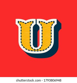 U letter sports team logo in tackle twill style. Embroidered serif font for university uniform, baseball champion posters and vintage basketball identity.