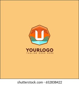 U letter sunset beach and sea logo template