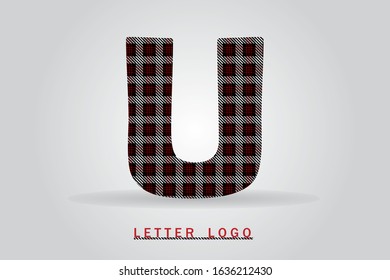 U letter with tartan pattern vector illustration. Textile fabric letter for logo, label, card, print, brochure, flyer, textile business title, sewing concept, clothing store or web page design.