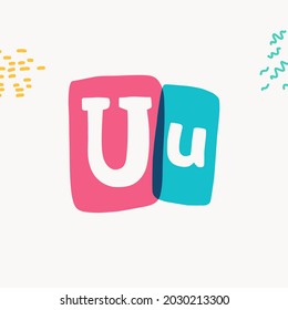 U letter typewriter-inspired logo with bold slab serif letters in colorful frames. Hand-drawn style font for cool lettering with multiply effects, sale stickers, or blog headlines.