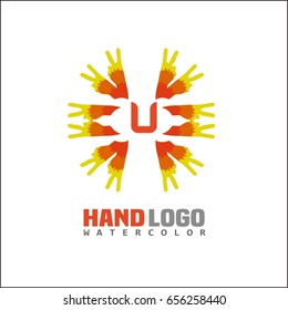 U letter unity Abstract Vector Sign, Symbol or Logo Template. Hand Shake Concept.