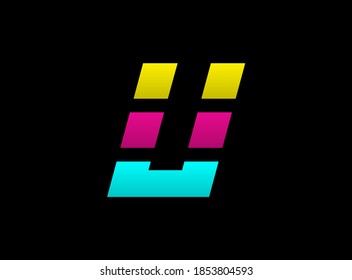 Diseño de vectores de letras U, logotipo de tipos de letra en color Cmyk, . Color dinámico de color azul, rosa, amarillo sobre fondo negro. Para medios sociales, elementos de diseño, afiche creativo, plantilla web       
